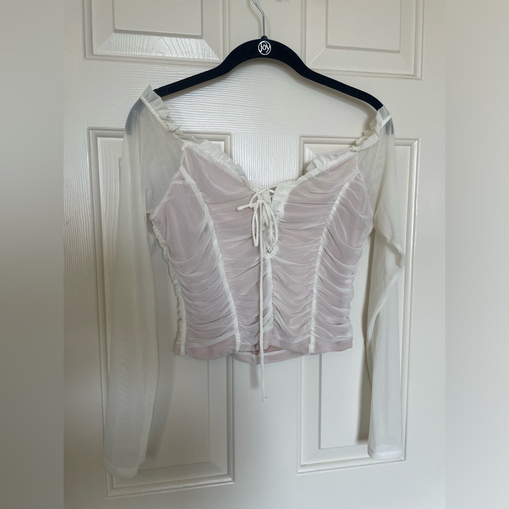 Fashion Nova long sleeve sheer white ruched crop top with ties | XL